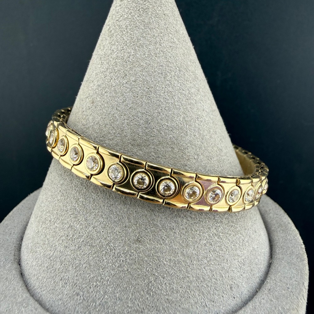 Vintage Speidel Expansion Bracelet Gold Tone CZ Stainless Steel 7.5"